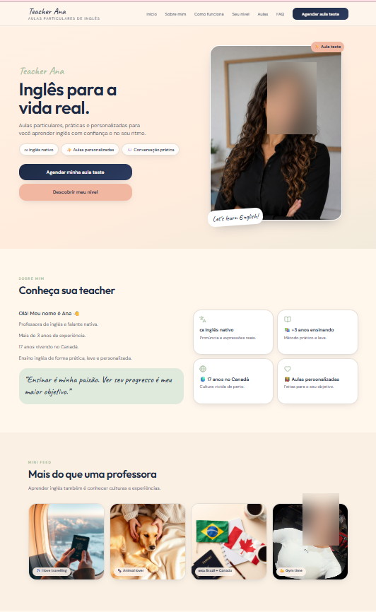 Página inicial do site profissional da Teacher Ana