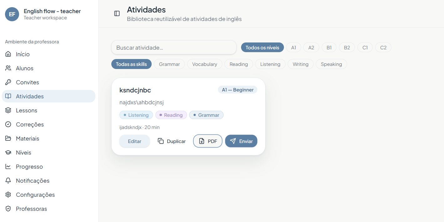 Tela principal da plataforma English Flow com a biblioteca de atividades